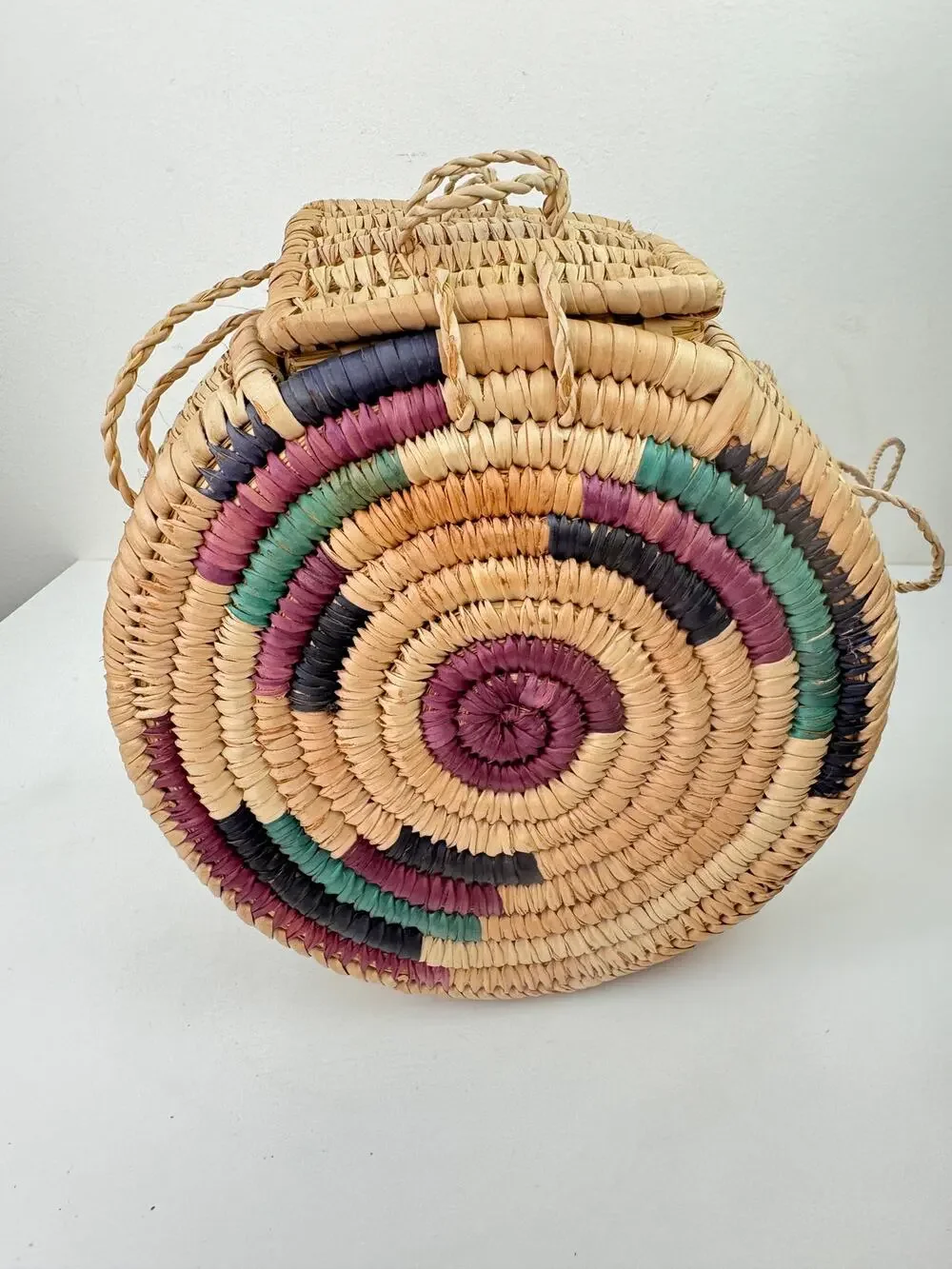 OOAK Tan Handbag Straw Hand Woven Circle Double Handle Strap Crossbody Bag